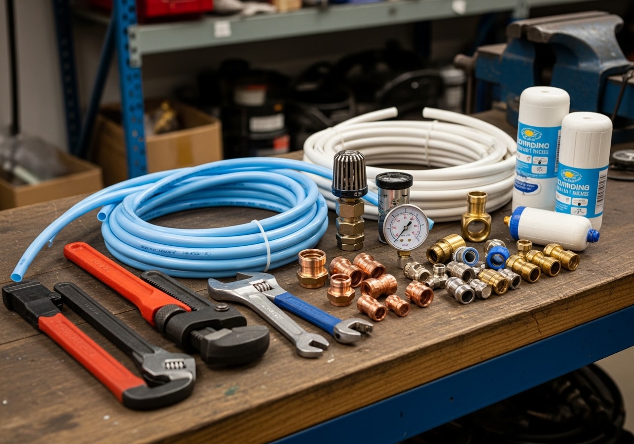 Plumbing tools and equipment on a work surface, representing professional service readiness.
