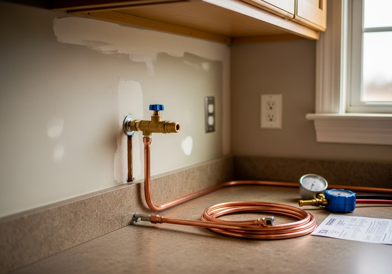 New gas line extension with shutoff valve installed behind kitchen range