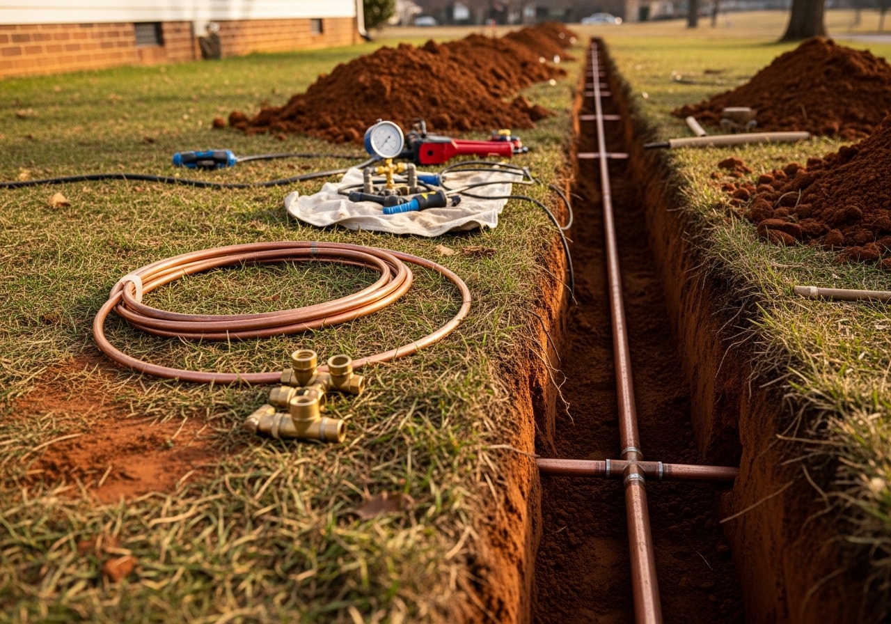 Excavated main water line with new copper section installed and tested