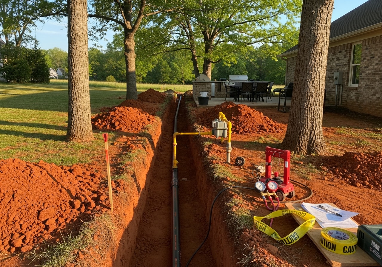 Underground gas line trench with black iron pipe running to outdoor kitchen area
