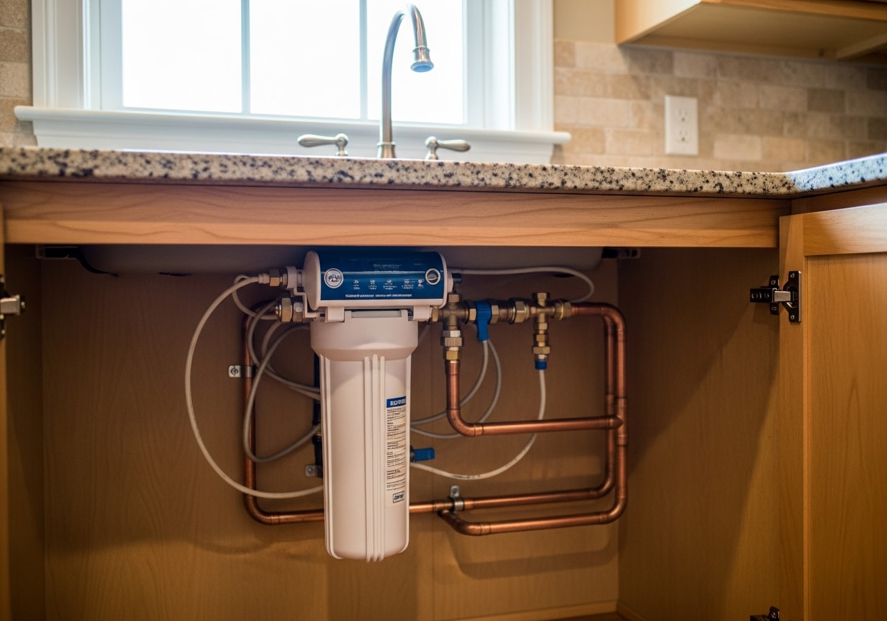 Whole-home water filtration system mounted under kitchen sink with bypass lines