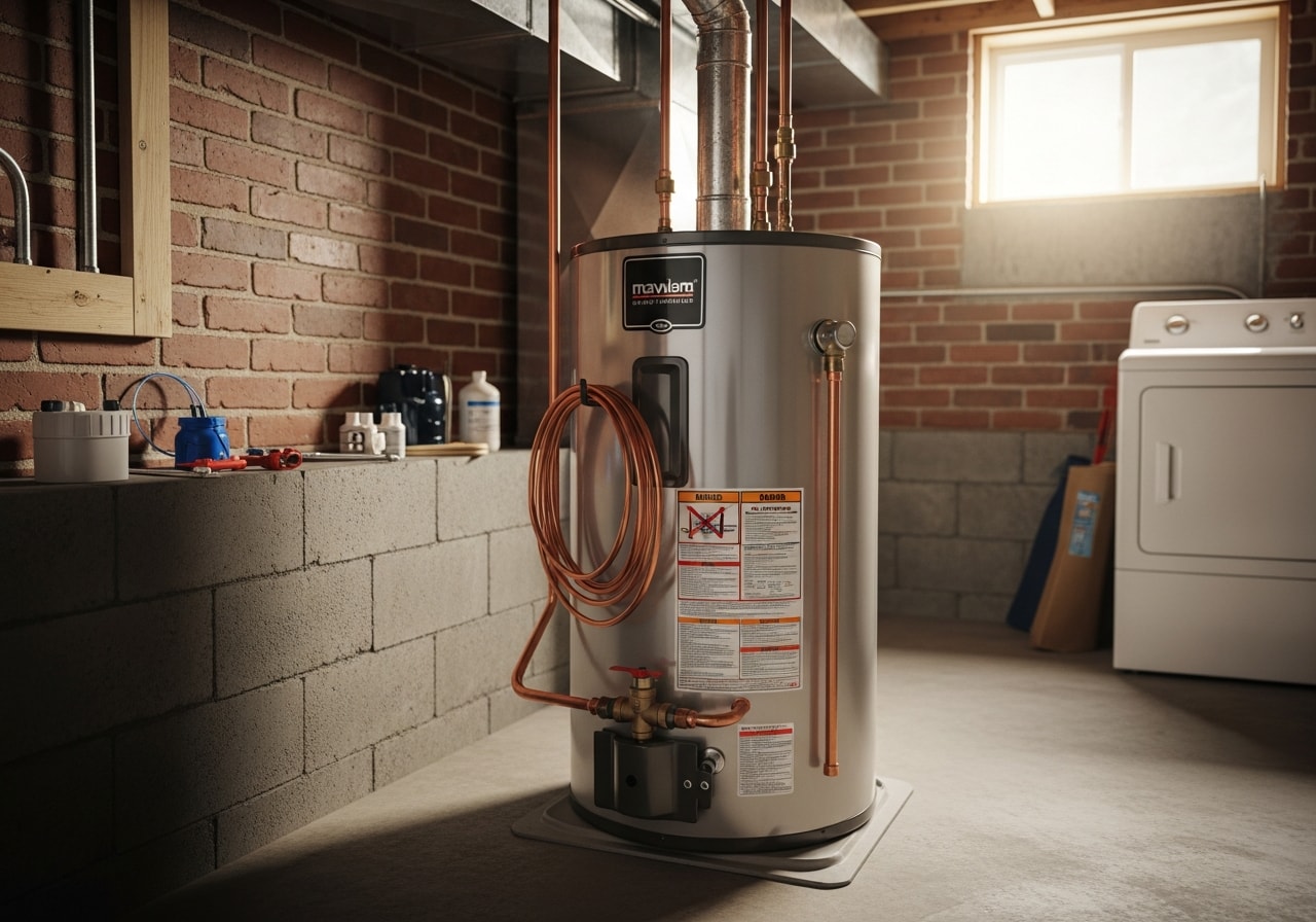 New 50-gallon water heater installed in basement with copper piping connections