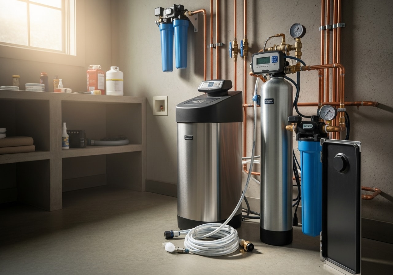 Water softener and filtration system installed in utility room with bypass lines