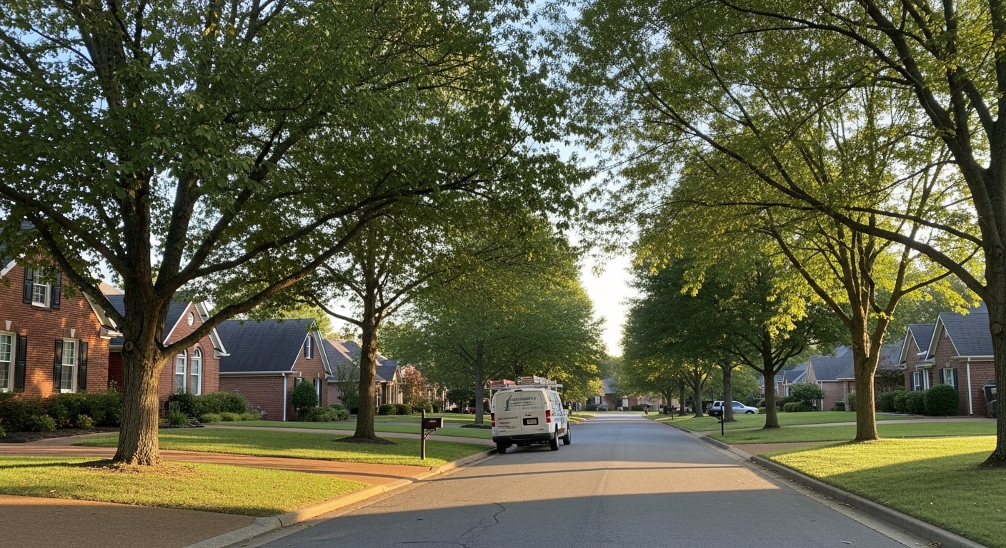 Residential street in Hendersonville with mature trees and brick homes typical of Sumner County neighborhoods.