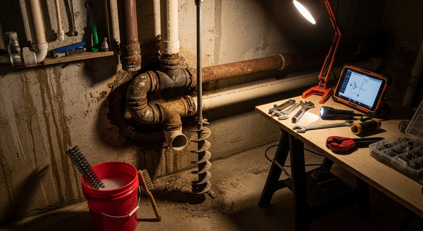 A licensed plumber from DJs Plumbing Solutions using a camera inspection tool to diagnose a drain pipe problem beneath a residential property in Hendersonville, Tennessee. The image shows the plumber reviewing footage of the interior pipe condition on a monitor at the job site.