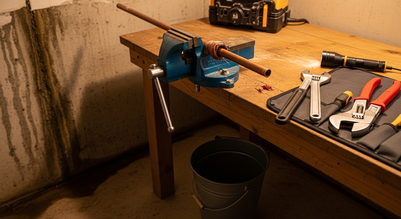 A licensed plumber repairing a burst pipe under a kitchen sink in a Hendersonville home, with water shut off and repair tools visible. The surrounding cabinetry shows early signs of water damage along the base panel.