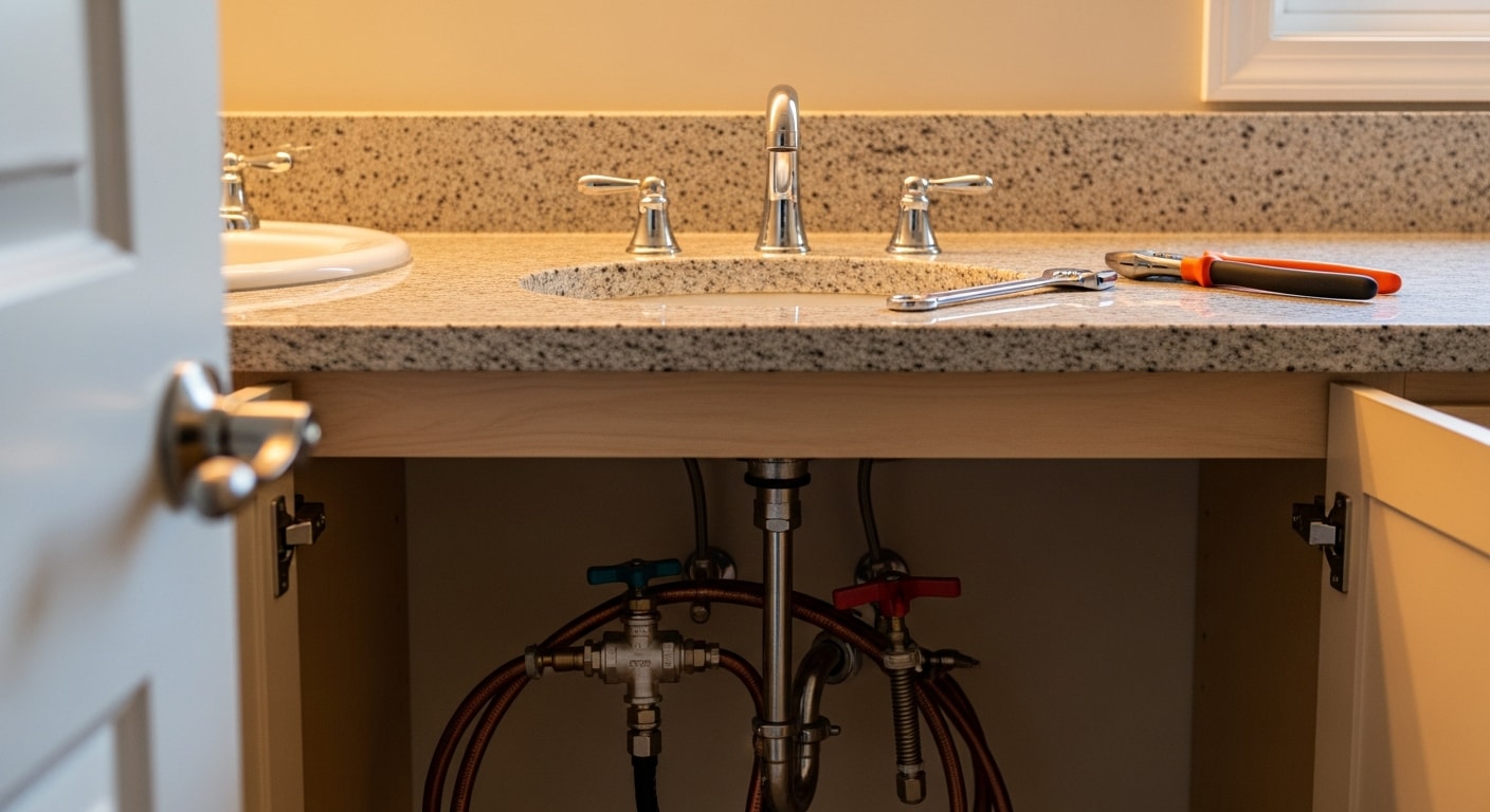 A licensed plumber from DJs Plumbing Solutions installing a new bathroom faucet in a Hendersonville, TN home, with clean supply line connections visible beneath the sink. The finished fixture sits level and sealed against a modern vanity countertop.