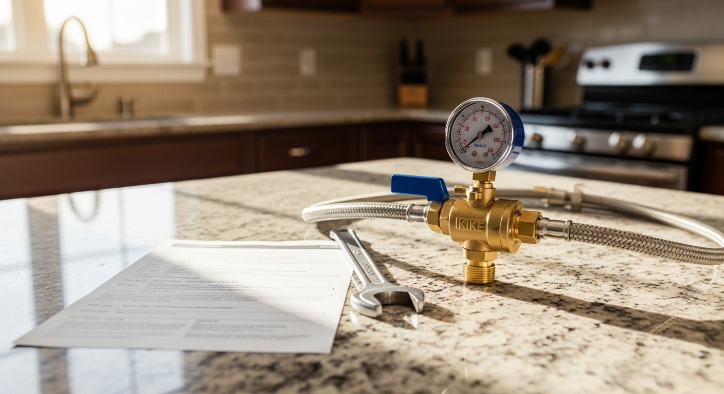 A licensed gas fitter connecting a flexible gas line to a residential range in a Hendersonville kitchen, with a shutoff valve visible at the wall connection point. The work area shows exposed piping and a pressure gauge used for post-connection testing.