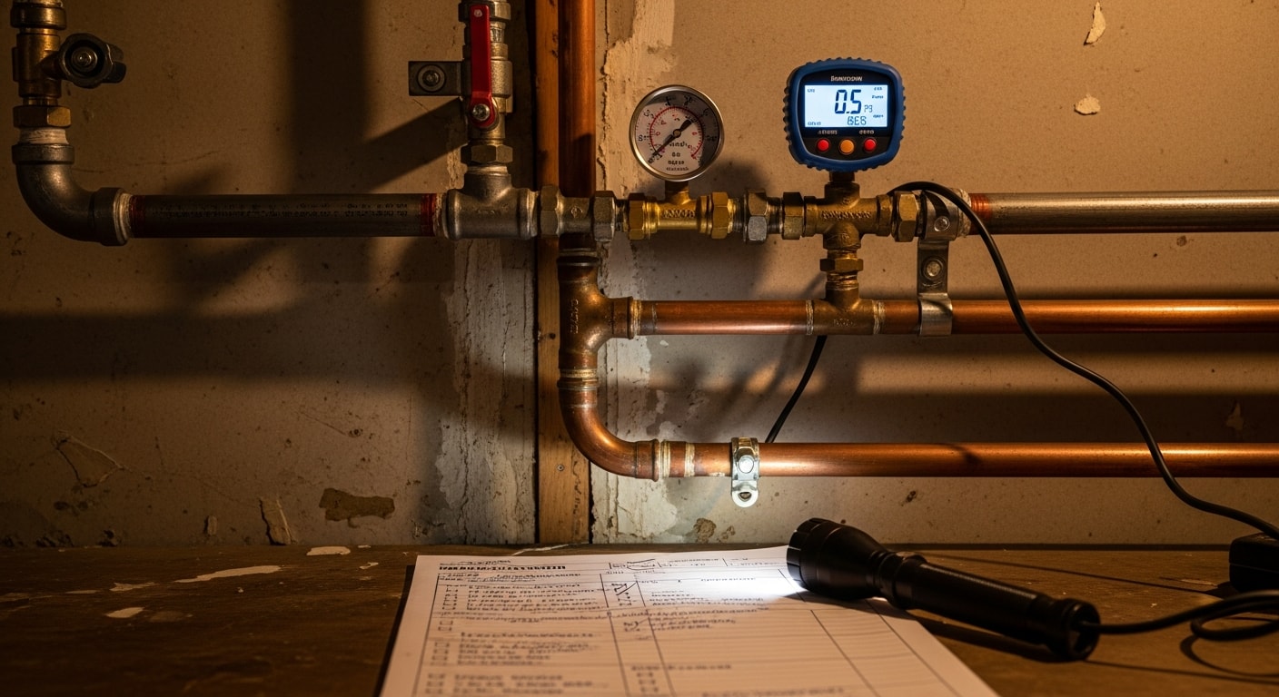 A licensed gas fitter from DJs Plumbing Solutions inspecting exposed gas piping and shut-off valves inside a Hendersonville home. The technician uses a handheld gas detection tool near appliance connections to check for leaks.