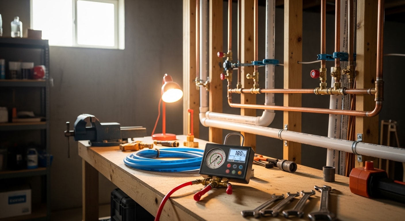 A licensed gas fitter connecting a new gas line beneath a kitchen cabinet in a Hendersonville, TN home. Copper piping runs along the wall toward a gas appliance connection point.