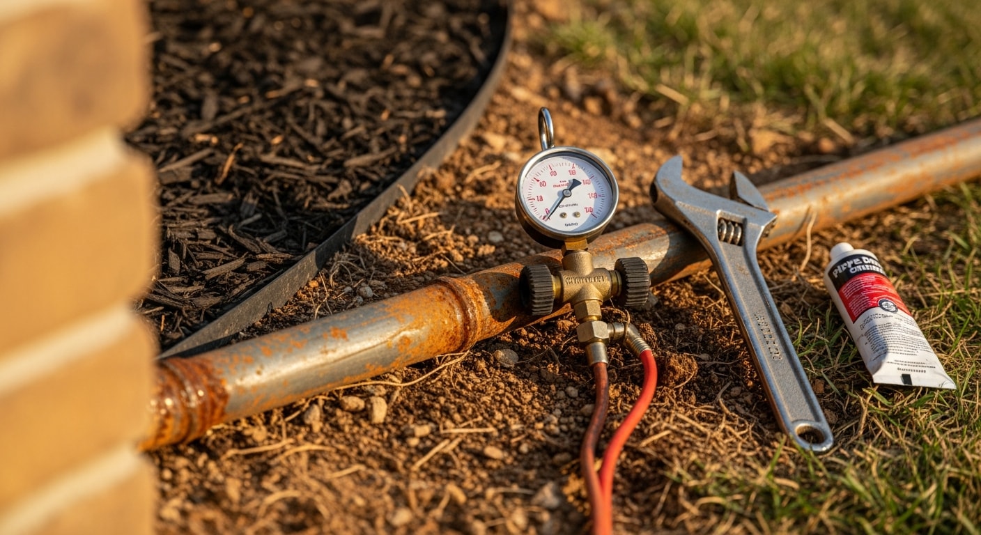 A licensed gas fitter inspecting and repairing an exposed residential gas line connection inside a Hendersonville home. The technician uses pressure testing equipment to check the repaired section before clearing the system for use.