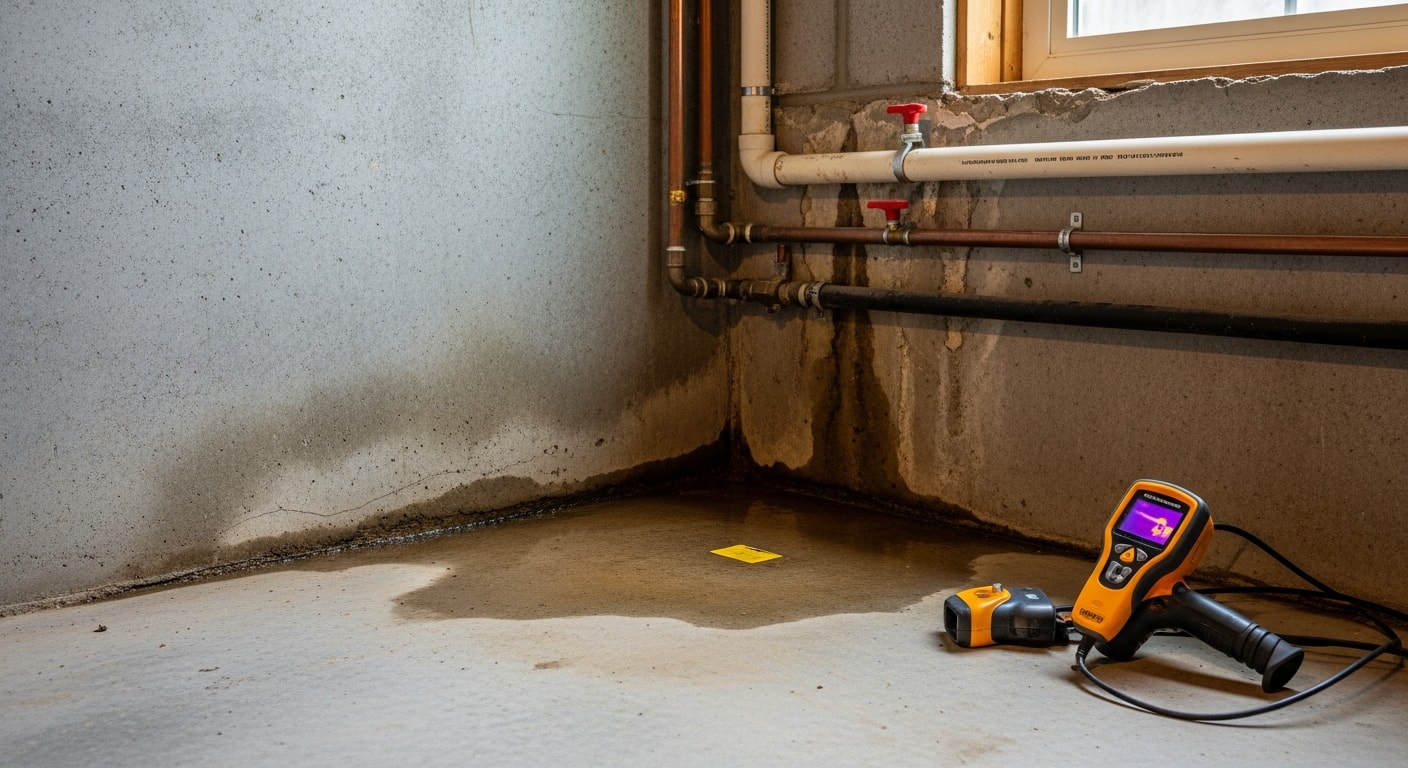 A plumber using diagnostic equipment to locate a hidden pipe leak beneath the floor of a single-family home in Hendersonville, Tennessee. The technician inspects a slab-level pipe run with no visible wall damage.