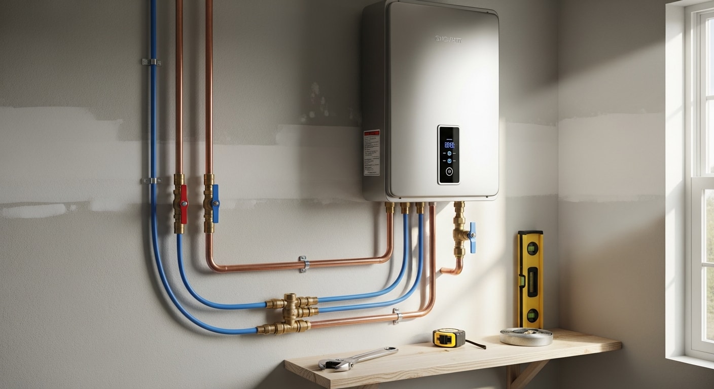 A licensed plumber from DJs Plumbing Solutions mounting a tankless water heater unit on a utility room wall in a Hendersonville, TN home. The gas line connection and venting pipe are visible, showing a completed professional installation.