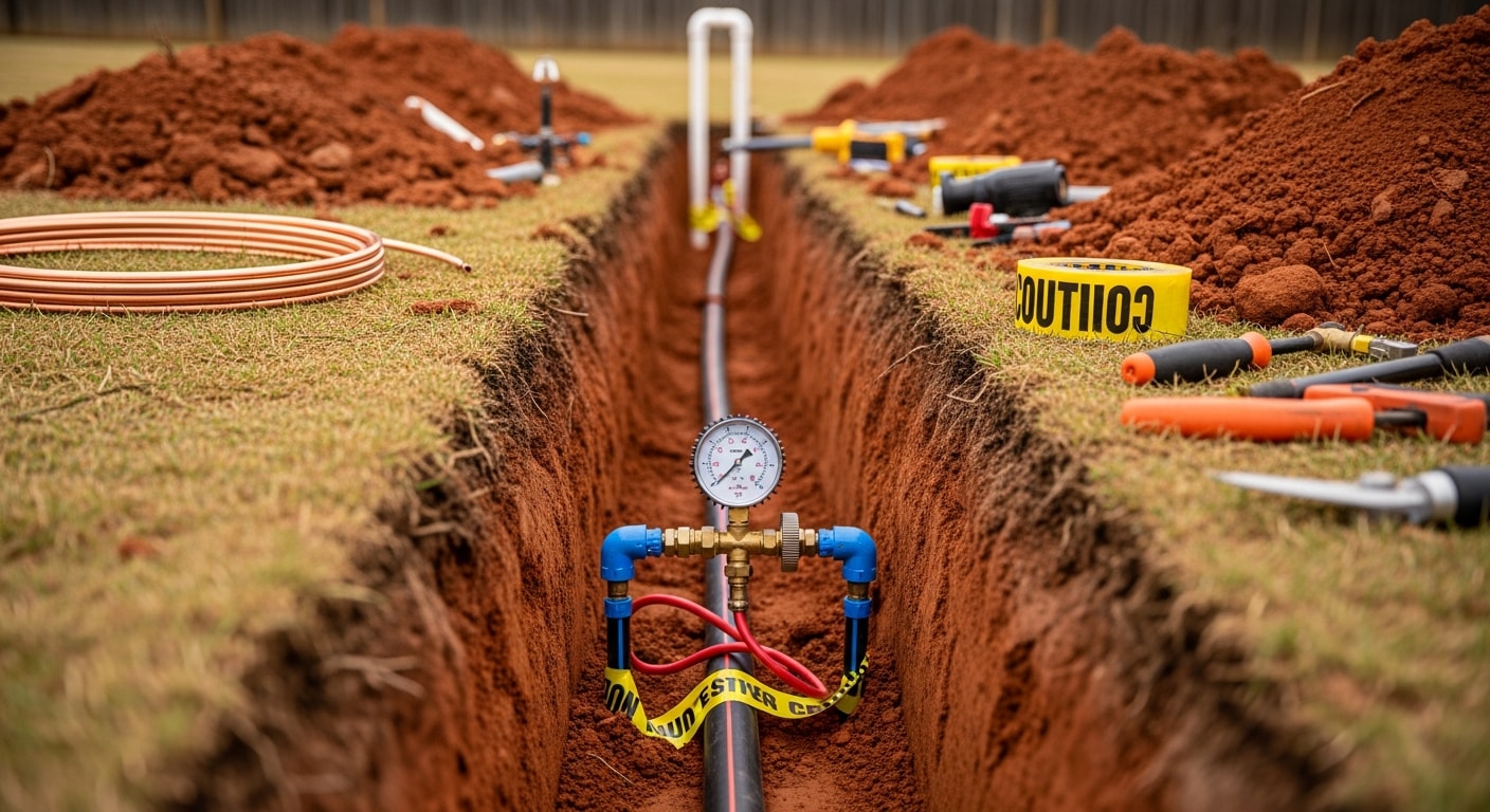 A licensed gas fitter backfilling a freshly trenched underground gas line at a residential property in Hendersonville, Tennessee. The trench runs across a rear yard toward an outdoor kitchen connection point.