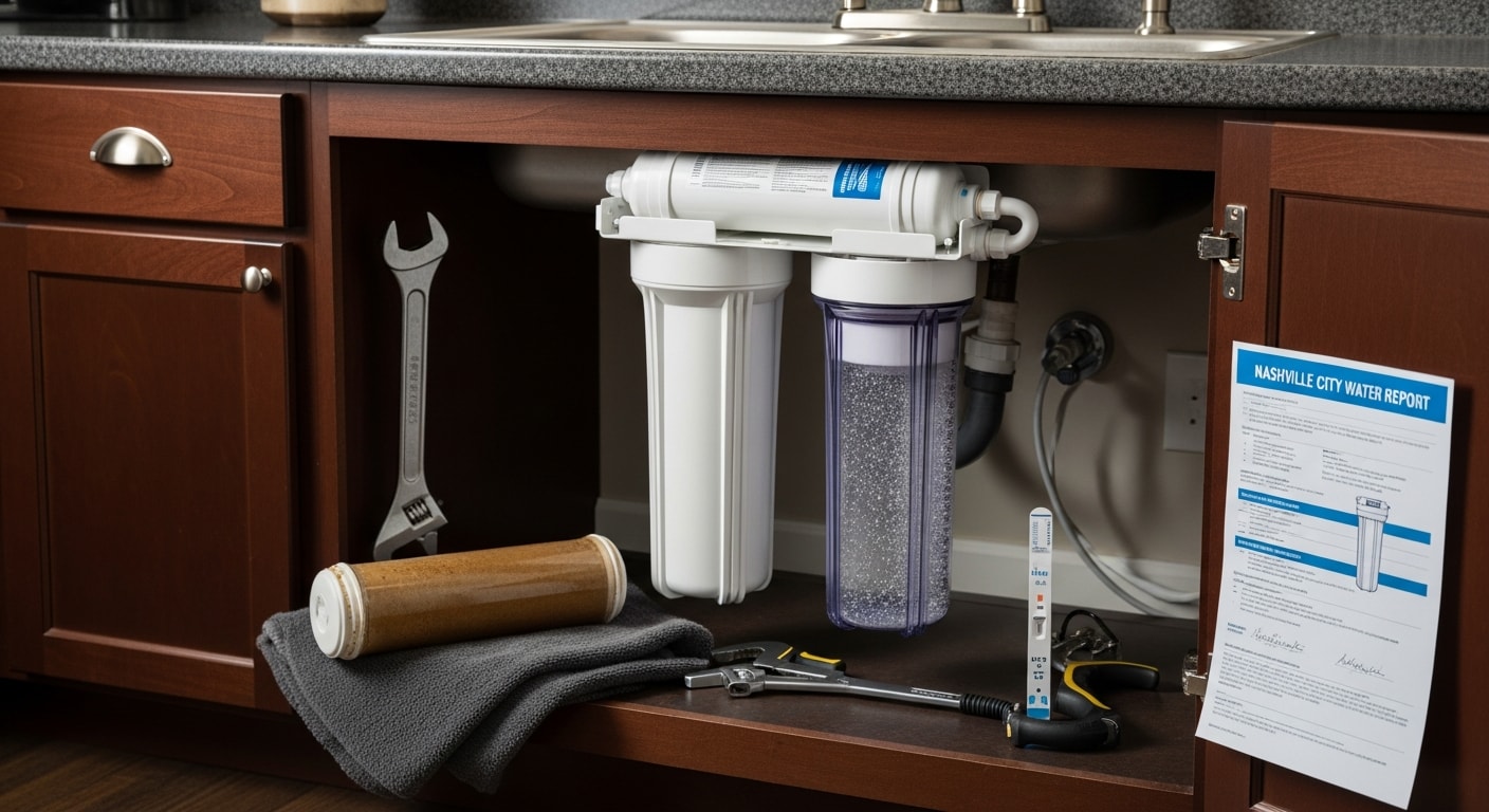 A licensed plumber from DJs Plumbing Solutions replacing a sediment filter cartridge inside a whole-house filtration housing in a Hendersonville home utility room. The old filter cartridge sits beside the housing on a work mat, showing visible discoloration from mineral and sediment buildup.