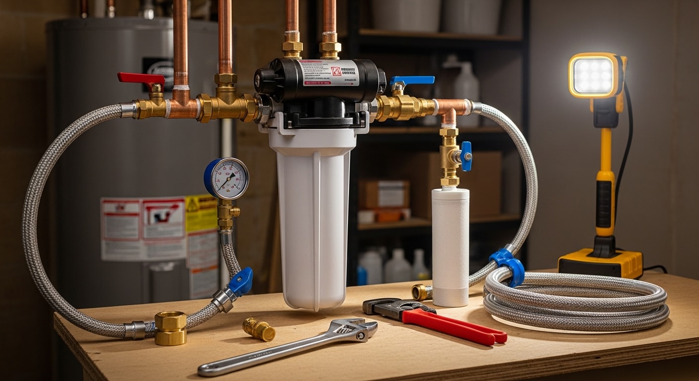 A licensed plumber from DJs Plumbing Solutions connecting a whole-house water filtration system to the main supply line inside a Hendersonville, TN home. The installed unit sits neatly along a utility room wall with clearly labeled inlet and outlet connections.