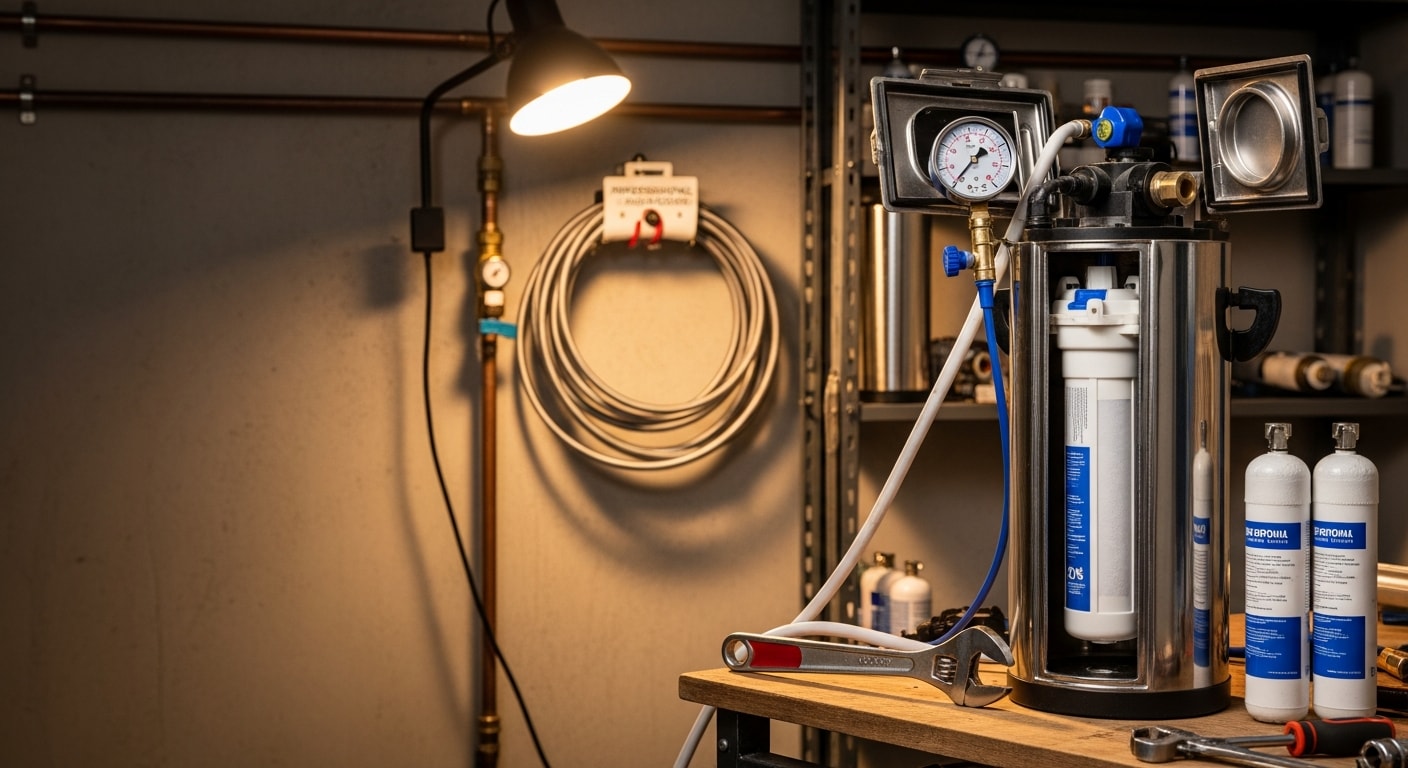 A plumber inspecting and repairing an under-sink water filtration system inside a Hendersonville home, with filter housings and supply lines visible. The technician checks connections and filter cartridges during a repair service call.