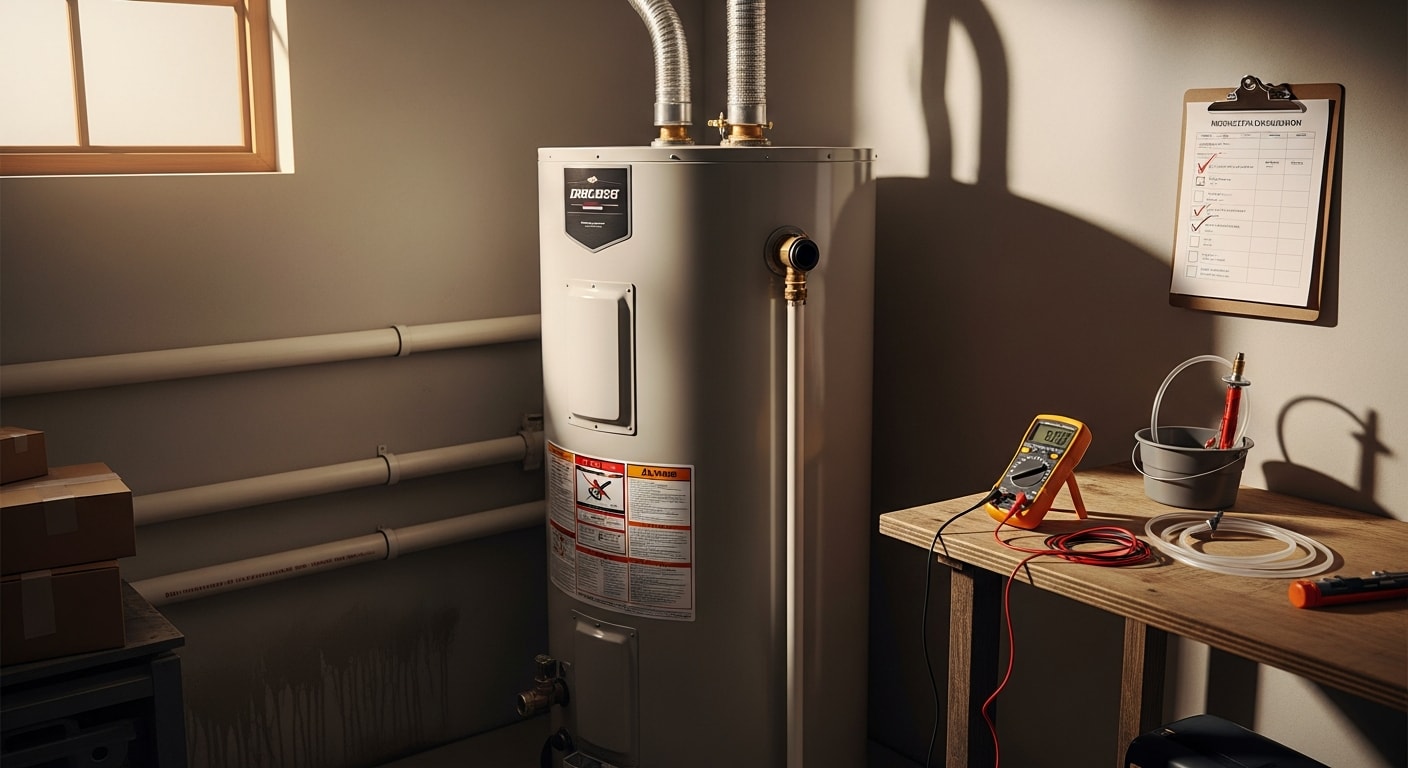 A licensed plumber from DJs Plumbing Solutions inspecting a residential tank water heater in a Hendersonville home utility closet. The technician checks the pressure relief valve and tank connections during a routine water heater inspection.