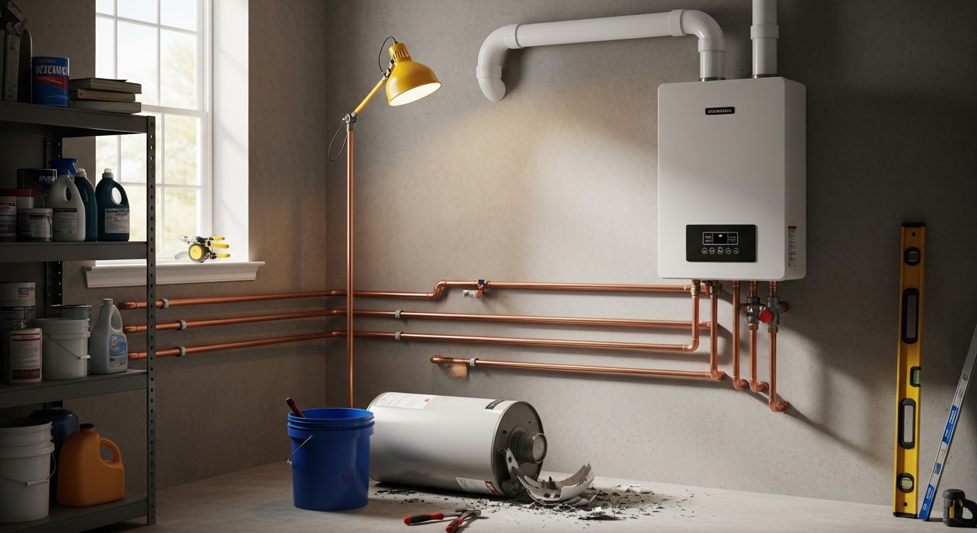 A licensed plumber from DJs Plumbing Solutions completing a water heater installation in a Hendersonville home utility closet. The new tank unit is connected to supply lines with a properly routed pressure relief valve and clean copper fittings.