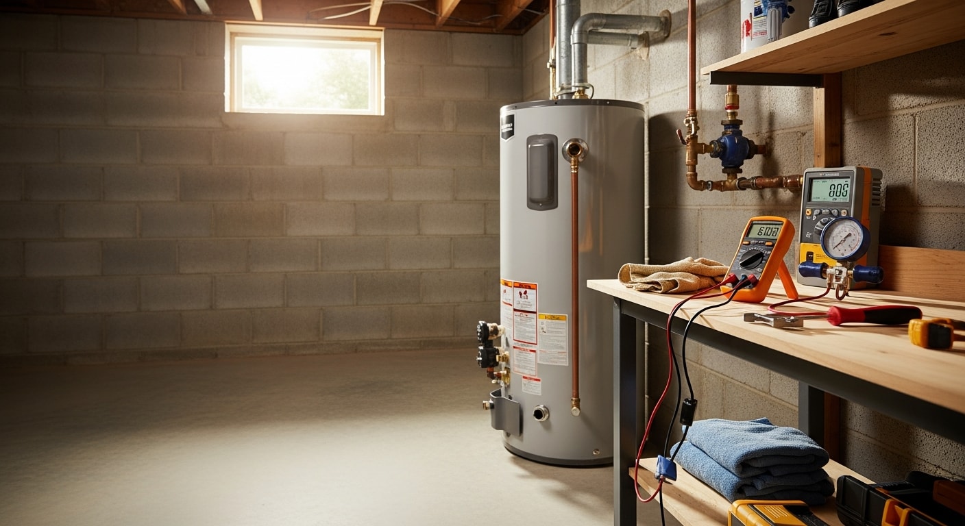 A licensed DJs Plumbing Solutions plumber inspecting a residential tank water heater in a Hendersonville home utility room. The plumber checks the pressure relief valve and connections during a water heater repair service call.