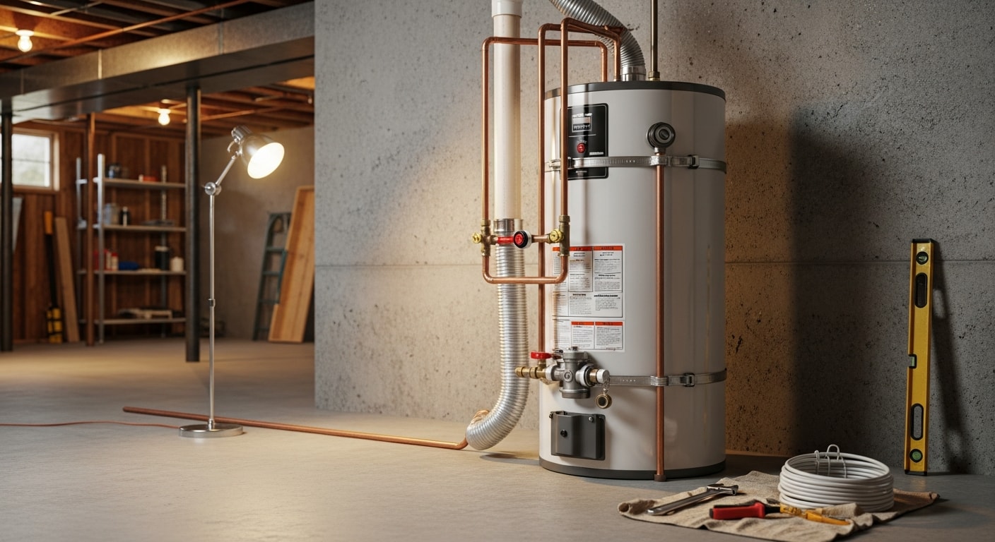 A licensed plumber from DJs Plumbing Solutions installing a new tank water heater in a Hendersonville home utility room. The old unit has been removed and new supply line connections are being secured.