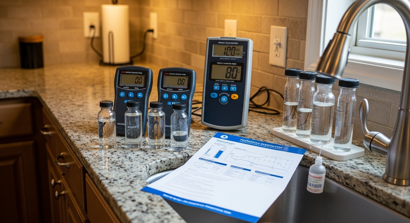 A plumber collecting a water sample from a kitchen tap inside a Hendersonville home, with a water testing kit and labeled sample vials on the counter. The image shows the point-of-use testing process used to identify contaminants in residential water supplies.