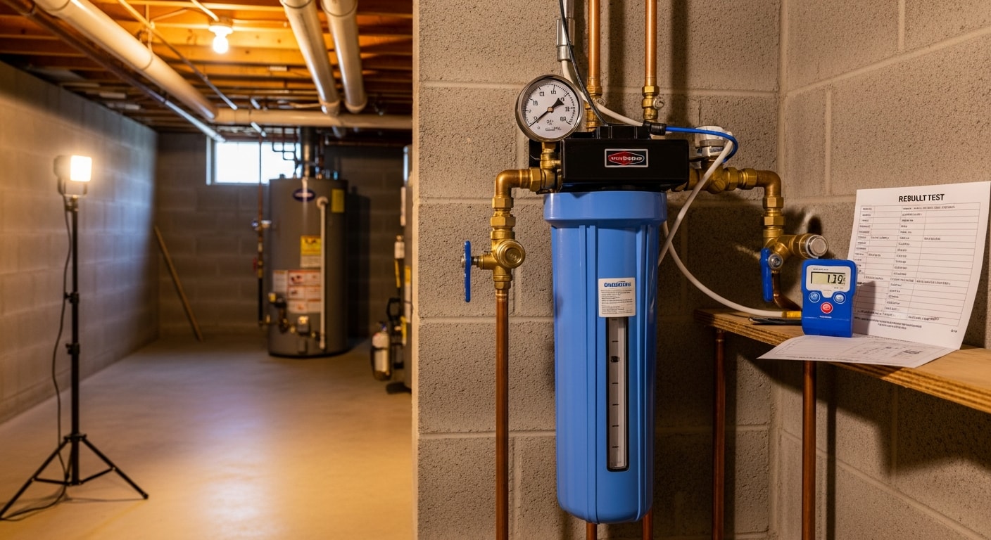 A licensed plumber from DJs Plumbing Solutions installing a whole-home water filtration system at the main supply line inside a Hendersonville residential home. The system sits in a utility area with clearly labeled filter housings connected to copper supply piping.